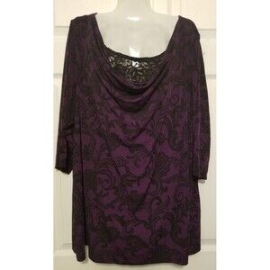 JMS Women's Top Shirt Size 2X Purple & Black Paisley Drape Neckline Lace Insert